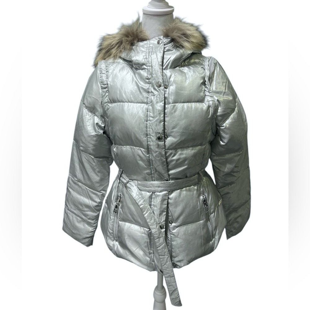 Andrew Marc Silver Puffer Jacket with Faux Fur Hood